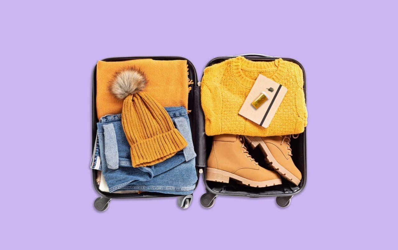 travel bag, clothes, shoes and cannabis in a container inside