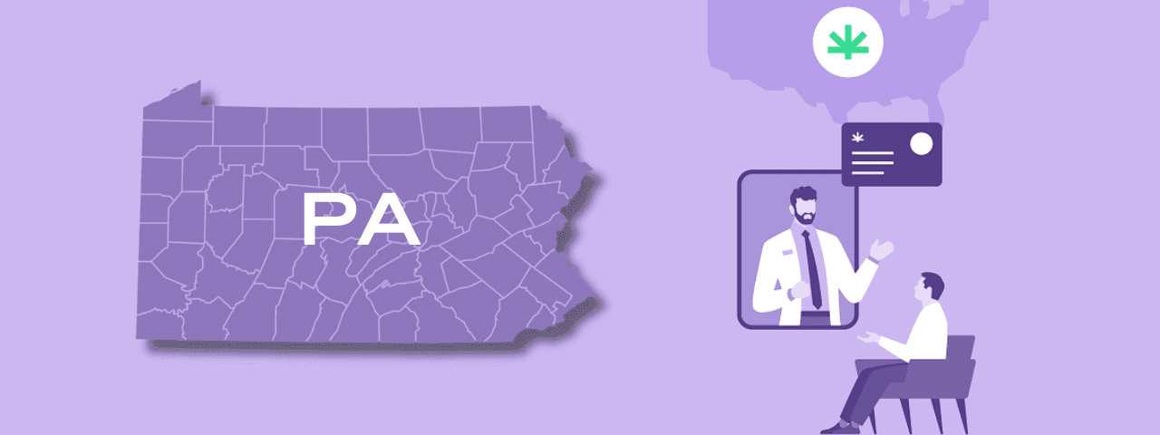 Map of Pennsylvania with label PA appears next to illustration of patient speaking with a virtual healthcare provider along with a medical cannabis card image and an outline of the United States