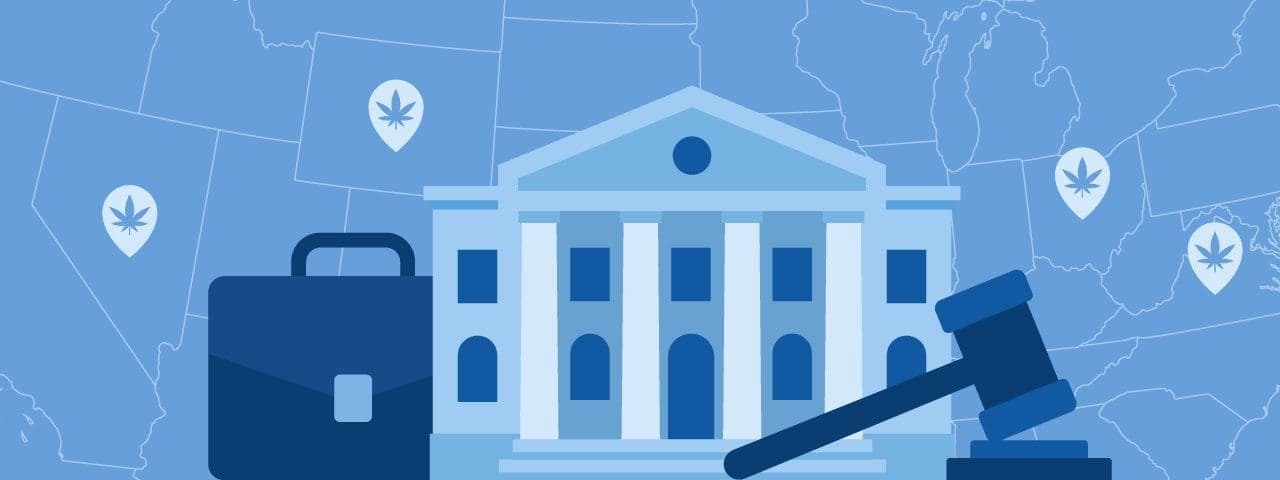 A courthouse, a lawyer's briefcase, and a gavel surrounded by cannabis leaves.